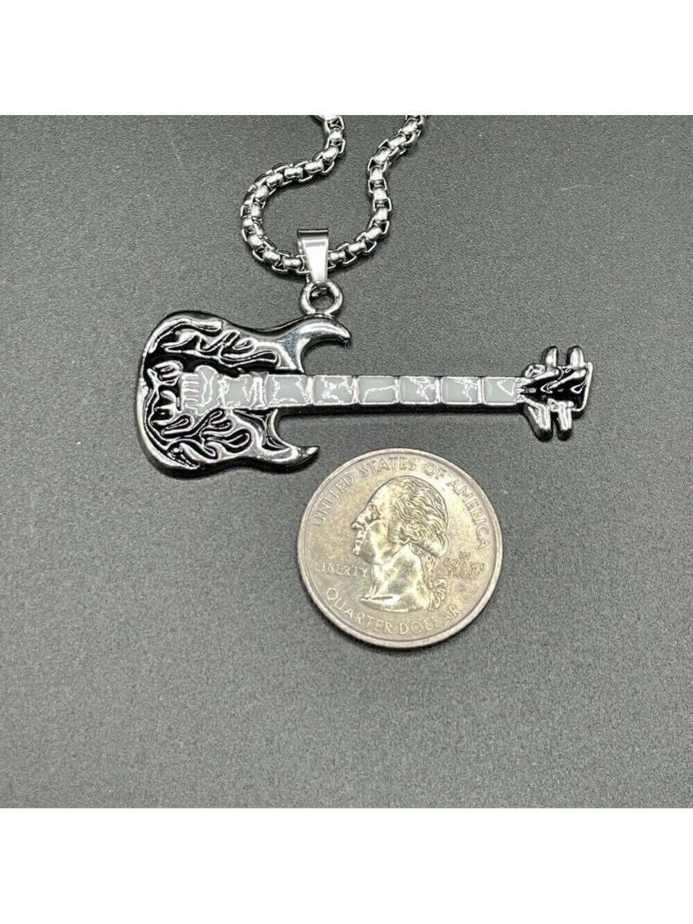 Emerald Green Flaming Guitar with White Neck Rocker Necklace and Pendant 1559 - Picture 5 of 16